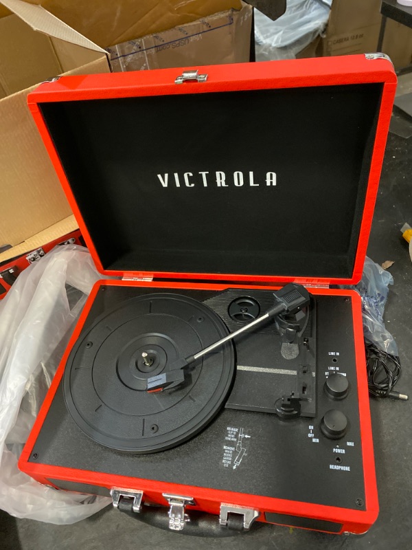 Photo 2 of Victrola Vintage 3-Speed Bluetooth Portable Suitcase Record Player with Built-in Speakers, Upgraded Turntable Audio Sound, Cognac Cognac Record Player