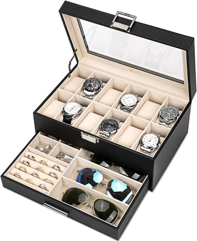 Photo 1 of Voova Jewelry Box Organizer for Men Women, 2 Layer Large 12 Slot PU Leather Watch Storage Case, Glass Top Jewelry Display Holder for Watches Sunglasses Rings Necklaces Bracelets,Black
