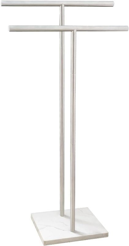 Photo 1 of EADOT  Standing Towel Rack Double-T Shape Tall Bath Towel Sheet Holder with Marble Design Base for Bathroom Floor Next to Tub or Shower 2 Tier Towel Holder Stand Stainless Steel Brushed Nickel
