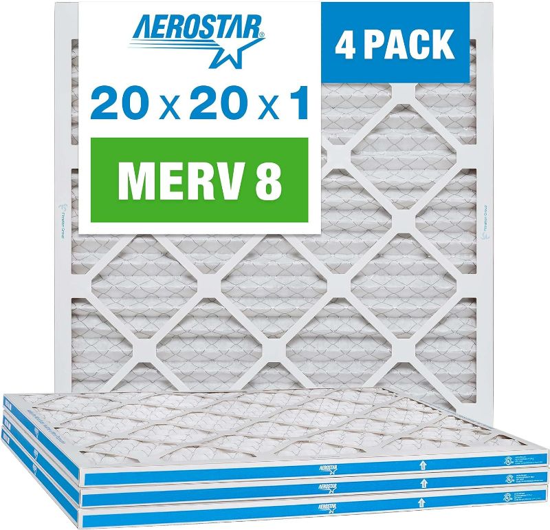 Photo 1 of Aerostar 20x20x1 MERV 8 Pleated Air Filter, AC Furnace Air Filter, 4 Pack (Actual Size: 19 3/4"x19 3/4"x3/4")
