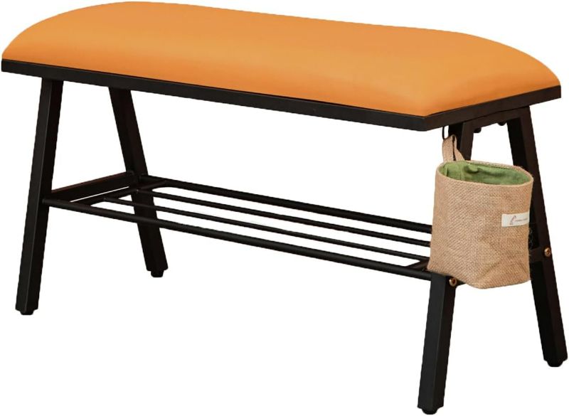 Photo 1 of IA Garden Shoe Bench, Storage Bench, entryway Bench, Shoe Shelf with Foam Padded Seat, 2-Tier Shoe Rack with Side Bag for Entryway,Metal Frame, Living Room, Hallway,31.5 x 12 x 17.7 Inches (Orange)
