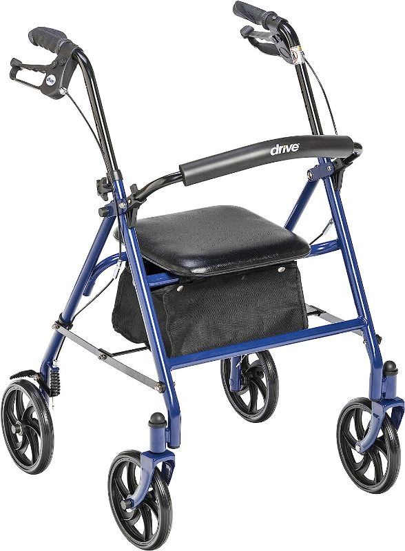 Photo 1 of Drive Medical 10257BL-1 4 Wheel Rollator Walker With Seat, Steel Rolling Walker, Height Adjustable, 7.5" Wheels, Removable Back Support, 300 Pound Weight Capacity, Blue
