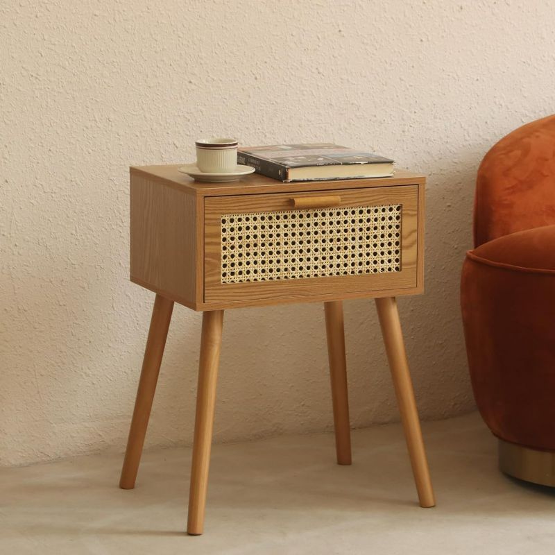 Photo 1 of AWASEN Mid Century Nightstand, Rattan Side Table with Drawer, Modern Bedside Table with Storage and Solid Wood Legs for Living Room, Bedroom and Small Space (Brown)
