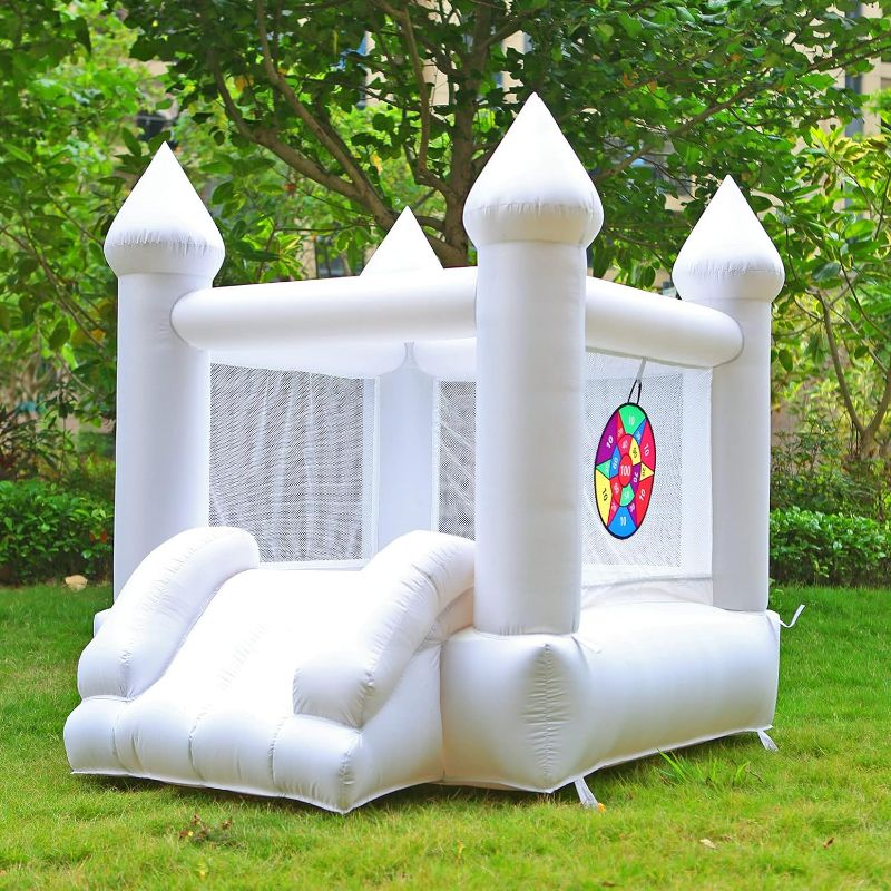 Photo 1 of White Bounce House with Blower, Inflatable Trampoline for Kids, Bounce House with Slide, Basketball Hoop, Target Ball, Durable and Easy to Install, Suitable for Kids Birthday
