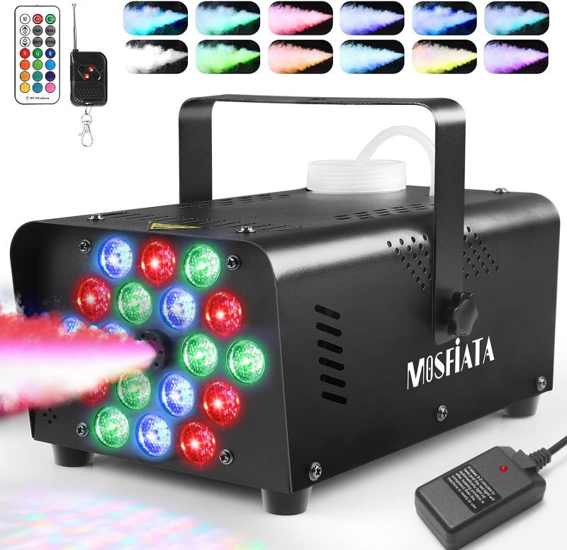 Photo 1 of Smoke Machine, MOSFiATA Fog Machine with 18 RGB LED Lights Effect, 600W and 2300CFM Fog with 1 Wired Receiver and 2 Wireless Remote Controls, Perfect for Wedding, Halloween, Party and Stage Effect
