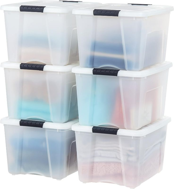 Photo 1 of IRIS USA 6 Pack 40qt Plastic Storage Bin with Lid and Secure Latching Buckles, Pearl (CRACK ON ONE LID)
