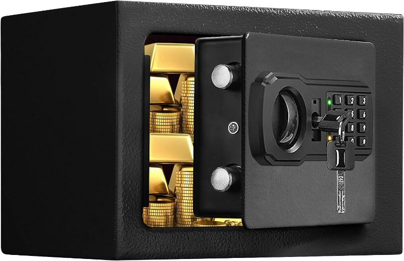 Photo 1 of Fireproof Small Safe Box for Money, 0.23 Cu ft Mini Fireproof Safe with Combination Lock, Digital Safe for Kids Home Hotels Business (17sp-black-1) UNABLE TO OPEN, MISSING KEY 
