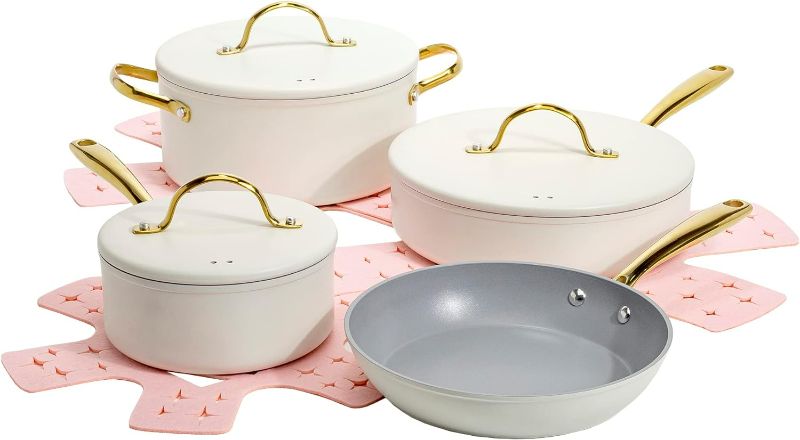 Photo 1 of Paris Hilton Iconic Nonstick Pots and Pans Set, Multi-layer Nonstick Coating, Matching Lids With Gold Handles, Made without PFOA, Dishwasher Safe Cookware Set, 10-Piece, Cream
