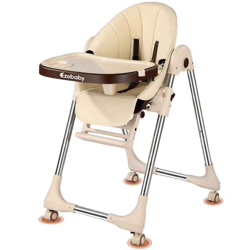 Photo 1 of Ezebaby Baby High Chair, Portable High Chair with Adjustable Heigh and Recline, Foldable High Chair for Babies and Toddler with 4 Wheels, High Chair for Toddlers with Removable Tray-(Beige)
