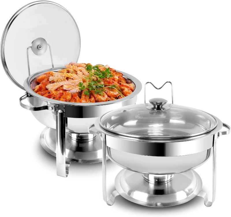 Photo 1 of BriSunshine Chafing Dish Buffet Set 2 Packs, Round Chafing Dishes with Glass Lid & Lid Holder, Stainless Steel Food Warmers for Parties Buffet Wedding Catering Event Dinner
