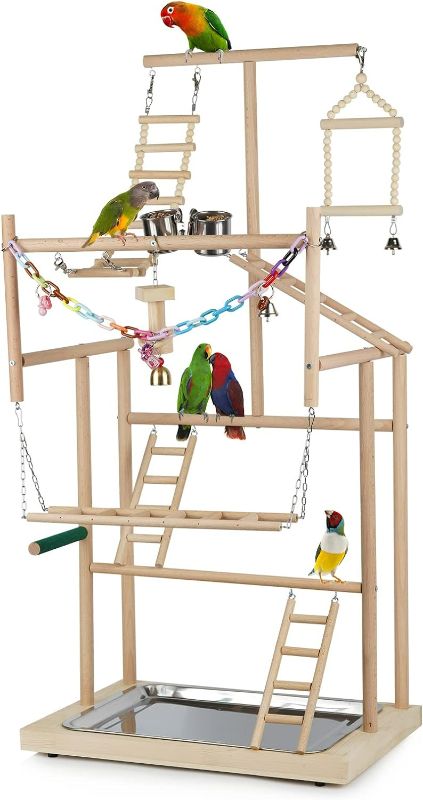 Photo 1 of Ibnotuiy Pet Parrot Playstand Parrots Bird Playground Bird Play Stand Wood Perch Gym Playpen Ladder with Feeder Cups Bells for Cockatiel Parakeet (4 Layers)
