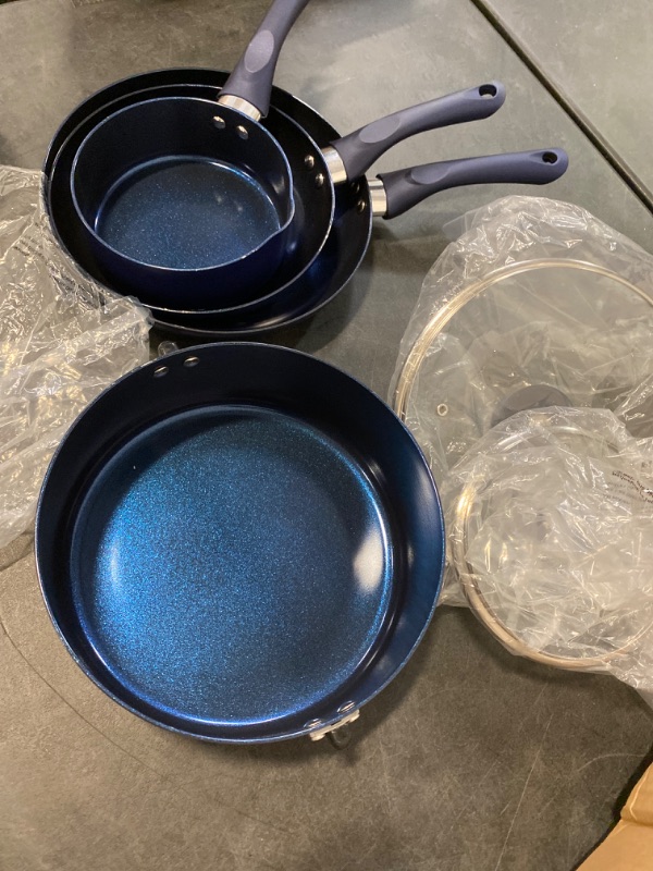 Photo 3 of 6 Pieces Pots and Pans Set,Aluminum Cookware Set, Nonstick Ceramic Coating, Fry Pan, Stockpot with Lid, Blue (MINOR SCRATCH)