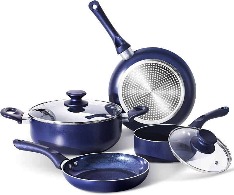 Photo 1 of 6 Pieces Pots and Pans Set,Aluminum Cookware Set, Nonstick Ceramic Coating, Fry Pan, Stockpot with Lid, Blue (MINOR SCRATCH)