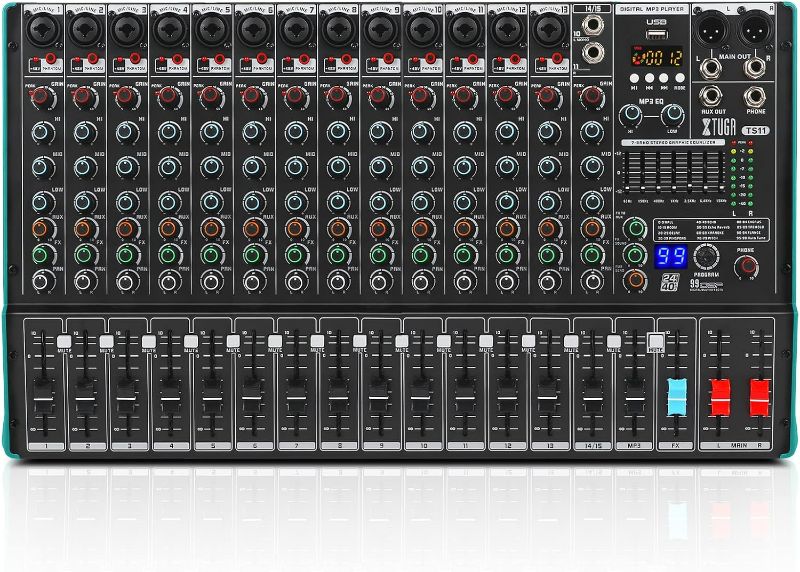 Photo 1 of XTUGA TS15 Professional 15 Channel Audio Mixer with 99 DSP Effects,7-band EQ,Independent 48V Phantom Power&Mute Button,Bluetooth Function,USB Interface Recording for Studio/DJ Stage/Party (MISSING PLUG)
