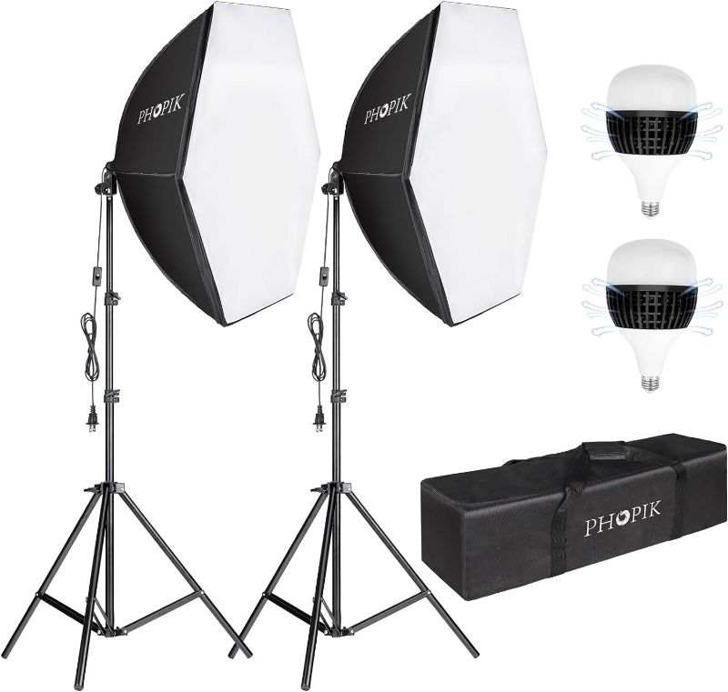 Photo 1 of PHOPIK Softbox Photography Lighting Kit: Photo Studio Equipment 30 x 30 inches with E27 60W 5400K Light Bulb and Adjustable Height Light Stand for Filming Video, Photo Shooting and Streaming
