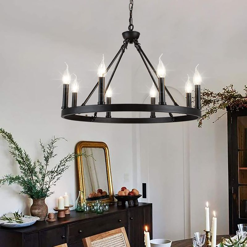 Photo 1 of Psyverii 8-Light Candle Style Black Wagon Wheel Chandelier, Retro Farmhouse Country Style Industrial Round Pendant Light Fixture for Living Room, Dining Room, Foyer, Kitchen Island, Entryway