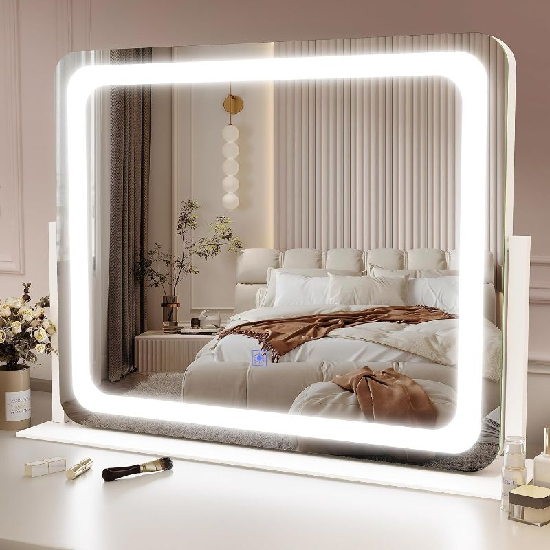 Photo 1 of Vanity Mirror Makeup Mirror with Lights, Large Lighted Vanity Mirror, Light Up Mirror with Smart Touch 3 Colors Dimmable, Tabletop Mirror for Makeup Desk, 360° Rotation, White