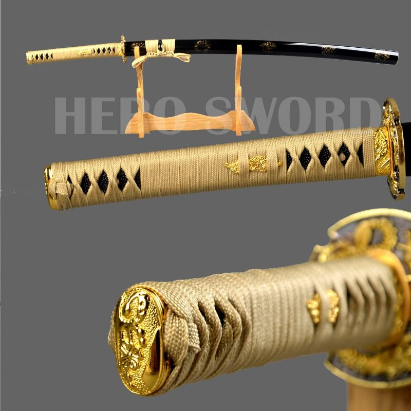 Photo 1 of Handmade Gold Blade Japanese Samurai Sword Hand Etching engrave Gold Dragon Katana Full Tang Sharp Can Cut Bamboo Trees (Gold Dragon Katana)