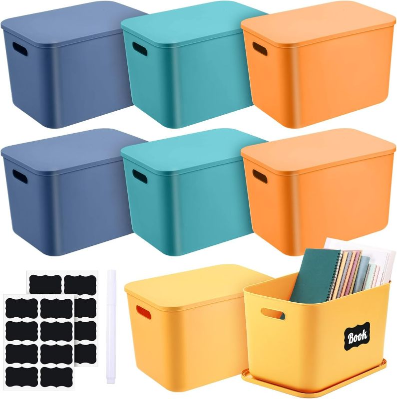 Photo 1 of Tanlade 8 Pcs Plastic Storage Bins Stackable Baskets with Lid and Handle Colorful Desktop Storage Box Cubby Containers for Shelf Bedroom Office, Include 1 Erasable Marker, 16 Stickers (14 x 10 x 9 In)
