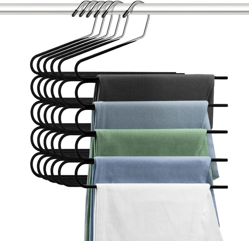 Photo 1 of Velvet Pants Jean Hanger Space Saving Non-Slip Hanger - Fitnice 6 Pack Multi-Layer Trouser Hanger 5 Tier Open-Ended Velvet Clothes Hangers Closet Organizer for Pant Garden Flag Scarf Towel (Black)

