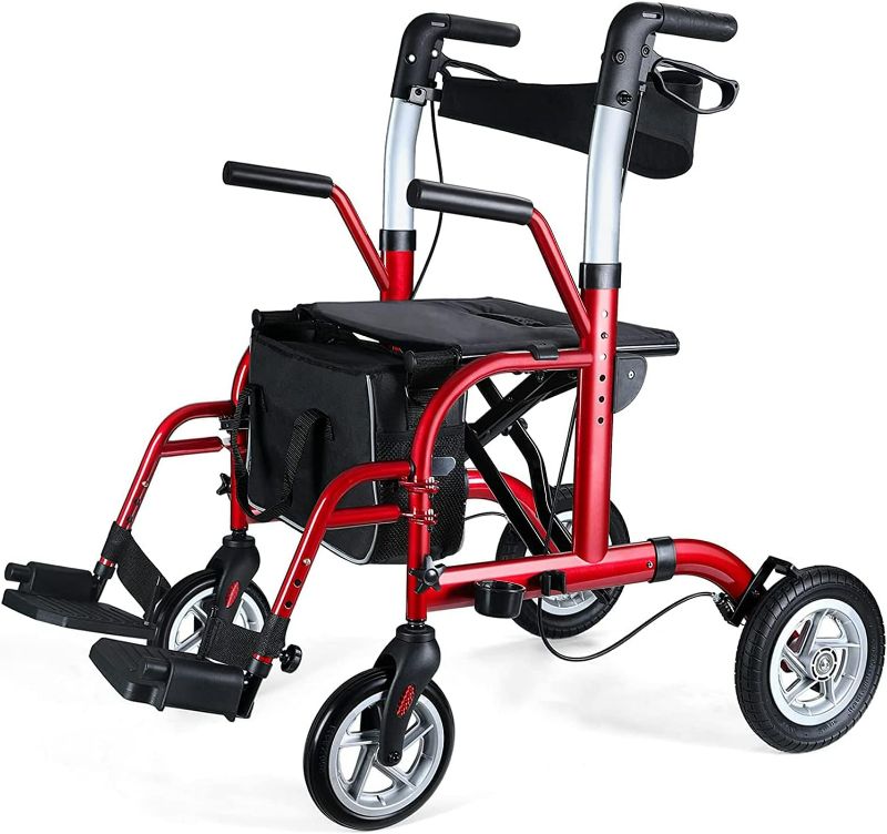 Photo 1 of Healconnex 2 in 1 Rollator Walker for Seniors-Medical Walker with Seat,Folding Transport Wheelchair Rollator with 10" Big Pneumatic Rear Wheels,Reversible Soft Backrest and Detachable Footrests
