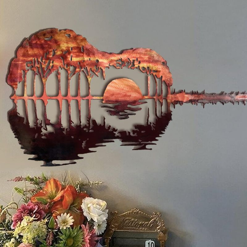 Photo 1 of QZFSL 39''Guitar Wall Art Music Gifts For Men Metal Guitar Art Music Wall Decor Abstract Sunset Hanging Sign Guitars Player Gift For Music Lovers For Modern Home, Bedroom, Living Room, Outdoor-Orange
