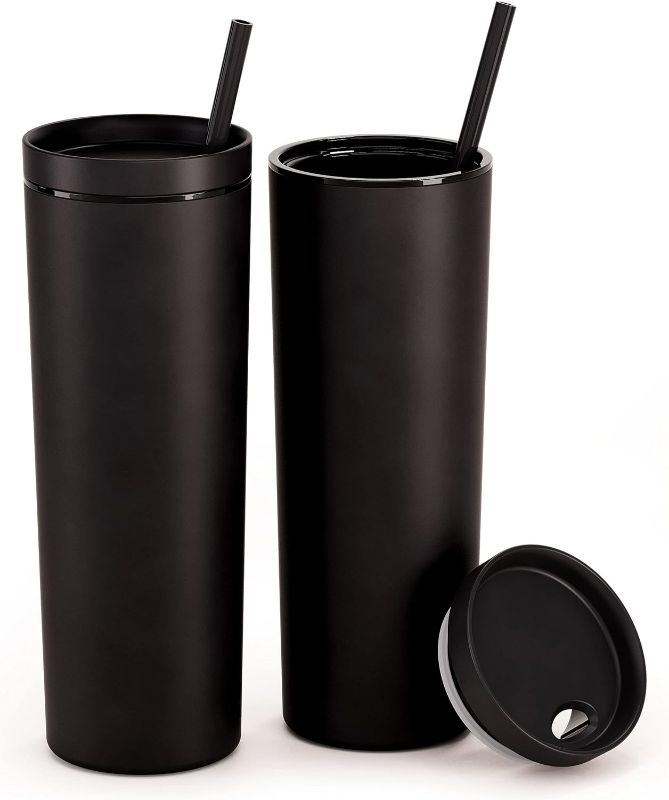 Photo 1 of Maars Skinny Acrylic Tumbler with Lid and Straw | 16oz Premium Insulated Double Wall Plastic Reusable Cups - Matte Black, 2 Pack
