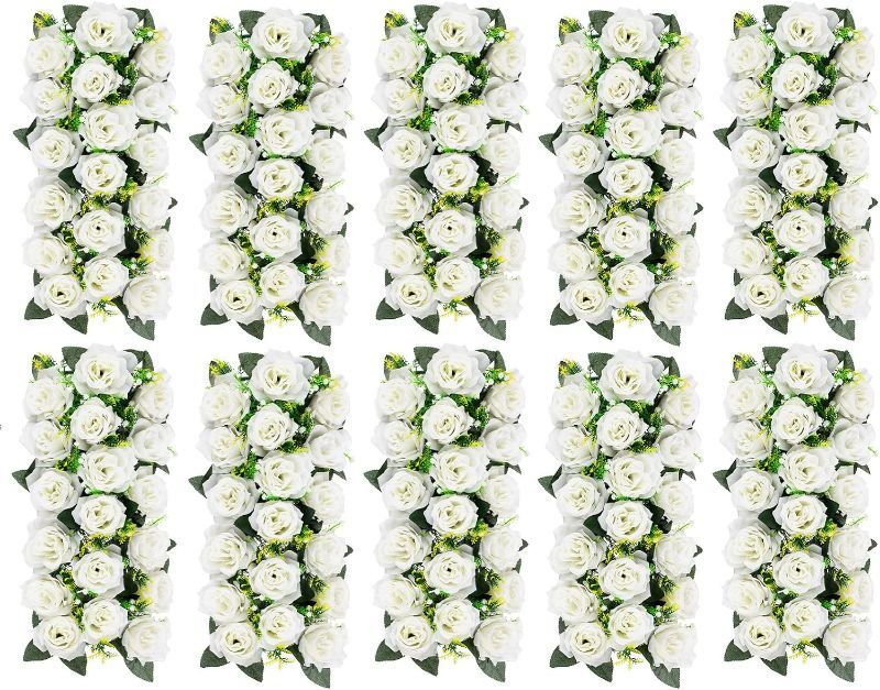Photo 1 of BLOSMON Wedding Dining Table Flower Centerpiece Arch Silk Rose Floral Arrangement 10 Pcs Table Runner Decorations Artificial Rose Floral Centerpiece for Room Kitchen Reception Table Decor, White
