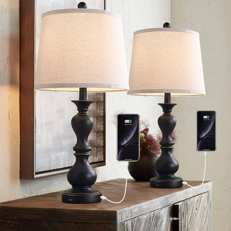 Photo 1 of Dungoo 26" Farmhouse Table Lamp Set of 2, Traditional Table Lamp with 2 USB Ports Rustic Bedside Lamp, Black Table Lamp for Bedroom Living Room Study Office, 2 Pack (Black) Black base, Beige shade