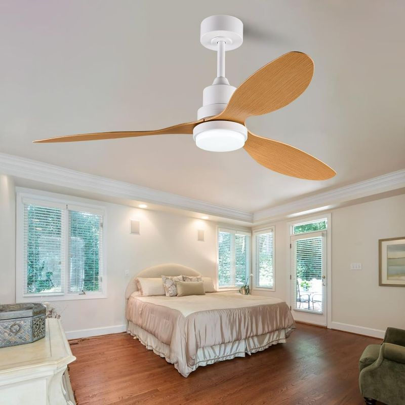 Photo 1 of OMYU  Ceiling Fans with Light and Remote, 3 ABS Blades and Downrod, 6 Speed DC Motor, Indoor Outdoor Ceiling Fan for Patio, Bedroom, Living Room, Office, Kitchen(Raw Wood Color)
