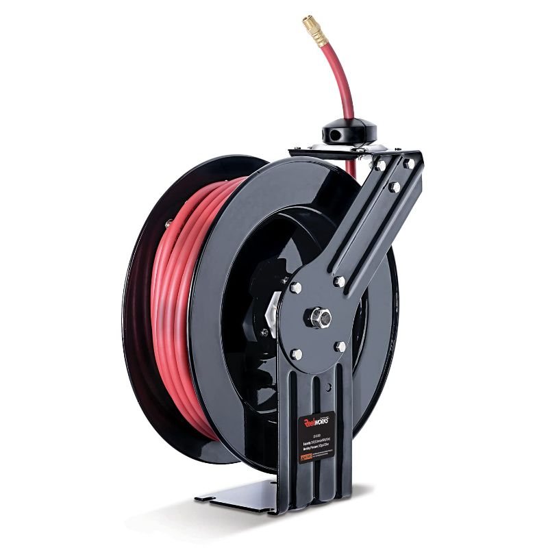 Photo 1 of ReelWorks Air Hose Reel 3/8" Inch x 50' Foot SBR Rubber Hose Max 300PSI Commercial Steel Construction
