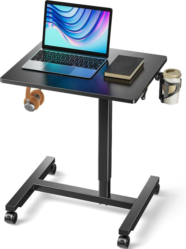 Photo 1 of ErGear Laptop Mobile Standing Desk, Height Adjustable Laptop Desk with Wheels, Pneumatic Mobile Desk with Hook and Cup Holder, Rolling Desk for Home Office Workstation for Standing or Sitting, Black
