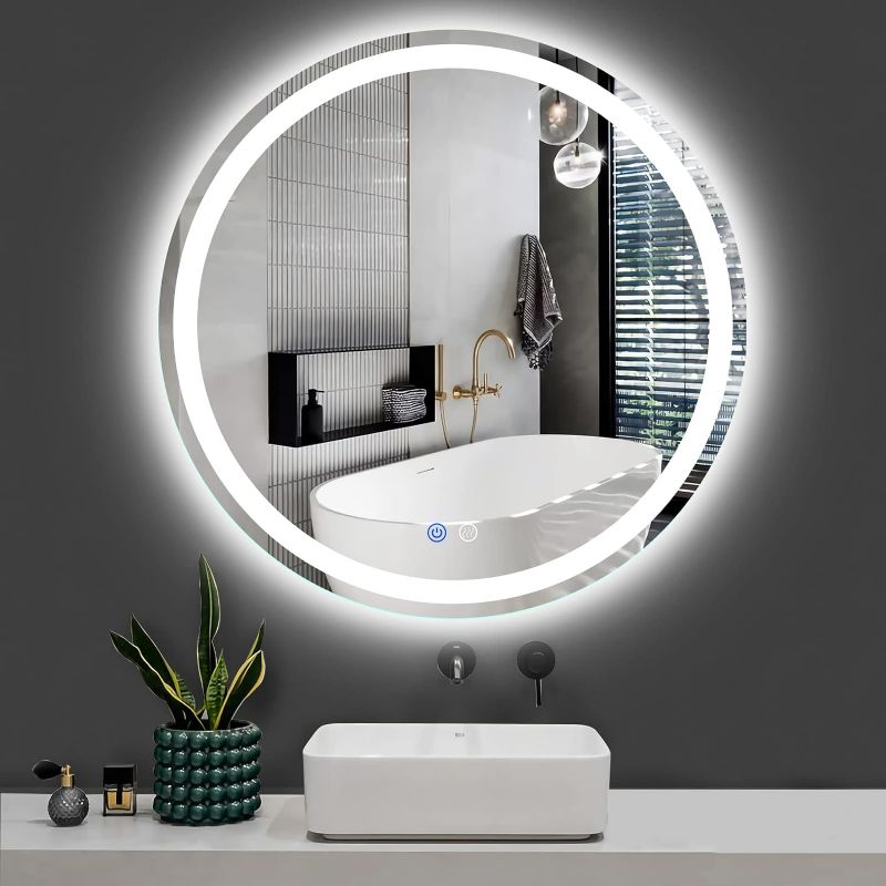 Photo 1 of Butylux 24 Inch LED Round Backlit Mirror, Fashion Bathroom Decor Vanity Mirror with 3000K/4000K/6000K Adjustable, Anti-Fog, Smart Touch Button, Stepless Dimmable Lighted Makeup Mirror
