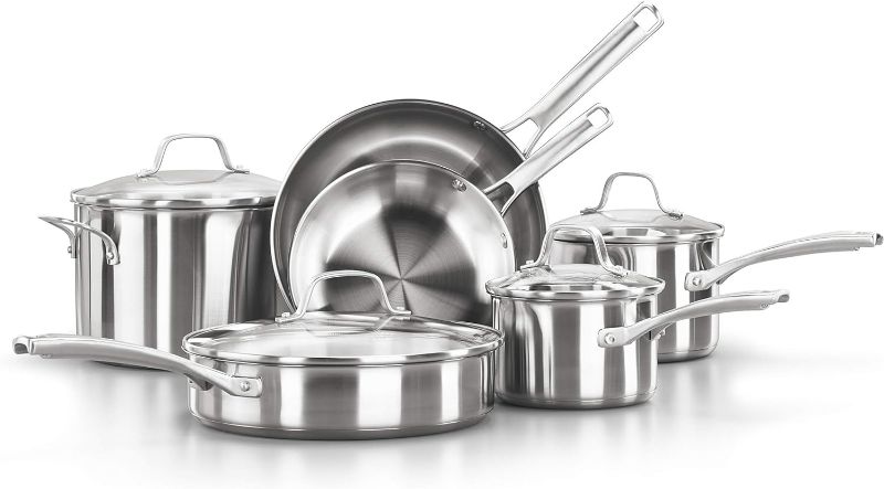 Photo 1 of Calphalon 10-Piece Pots and Pans Set, Stainless Steel Kitchen Cookware with Stay-Cool Handles and Pour Spouts, Dishwasher Safe, Silver
