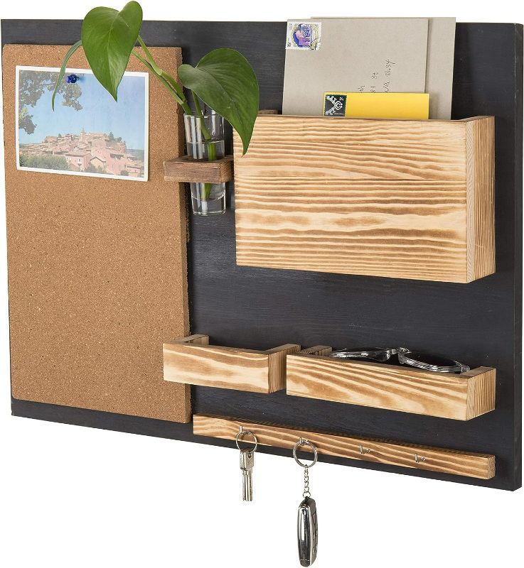 Photo 1 of MyGift Wall Mounted Family Command Center Organization with Cork Bulletin Board, Mail Holder, Key Hooks and Flower Vase
