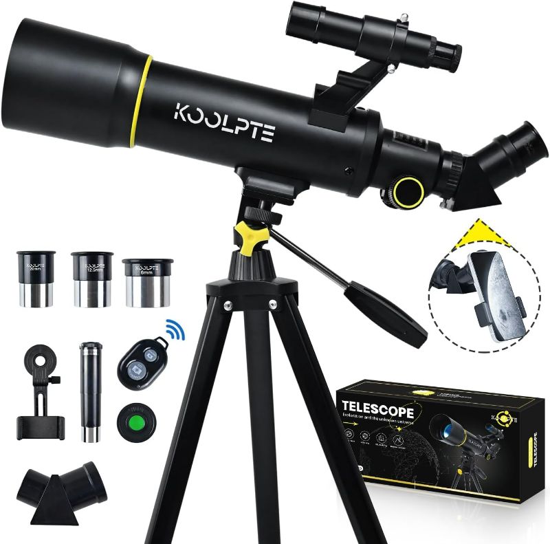 Photo 1 of Koolpte Telescope, 70mm Aperture 400mm AZ Mount Astronomical Refracting Telescope (20x-200x) for Kids & Adults, Portable Travel Telescope with Tripod Phone Adapter, Remote Control, Easy to Use, Black
