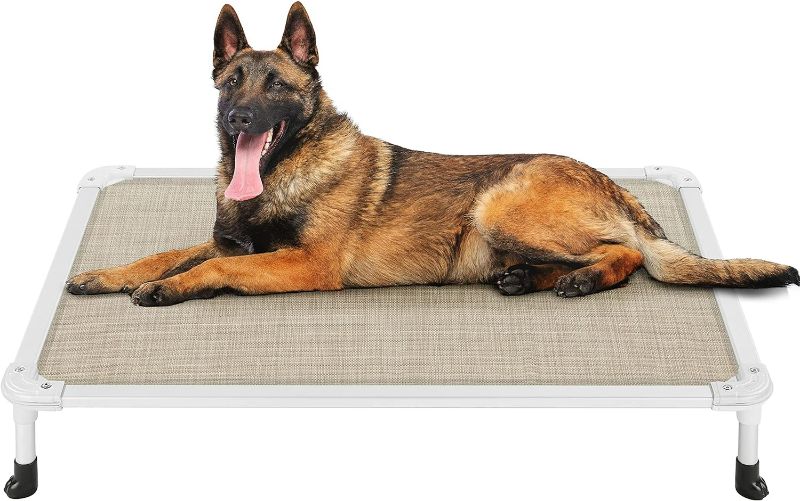 Photo 1 of Veehoo Chew Proof Elevated Dog Bed - Cooling Raised Pet Cot - Silver Aluminum Frame and Durable Textilene Mesh Fabric, Unique Designed No-Slip Feet for Indoor or Outdoor Use, Beige Coffee, Large
