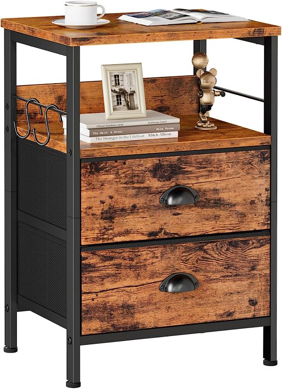 Photo 1 of Furologee Nightstand with 2 Fabric Drawers, Bedside Table, End Table with Open Wood Shelf, Side Sofa Table for Bedroom/Living Room/Study/Halway/Rustic Brown
