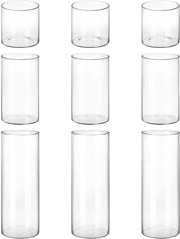 Photo 1 of CUCUMI 9 Pack Glass Cylinder Vase 4, 8,12 Inch Tall Clear Vases for Wedding Centerpieces Hurricane Candle Holder Flower Glass Vases for Party Event Home Office Decor

