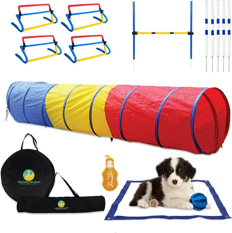 Photo 1 of Dog Agility Course Backyard Set - Dog Agility Training Equipment For Dogs Of All Sizes - Includes 9 ft Tunnel, Hurdle Jumps & More - Super Fun Dog Obstacle Course Backyard Kit & Dog Agility Equipment
