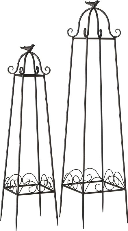 Photo 1 of Farmer's Market Garden Obelisk Trellises, Set of 2, Bird Finial Tops, for Plants, Climbing Flowers and Vines, Metal, Rustic Dark Brown, 39.25 Inches and 31.5 in
