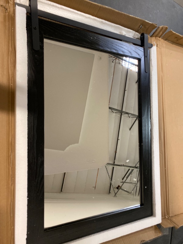 Photo 1 of Kate and Laurel Cates Farmhouse Wood Framed Wall Mirror, 18 x 26, Black, Barn Door-Inspired Rustic Mirrors for Wall

