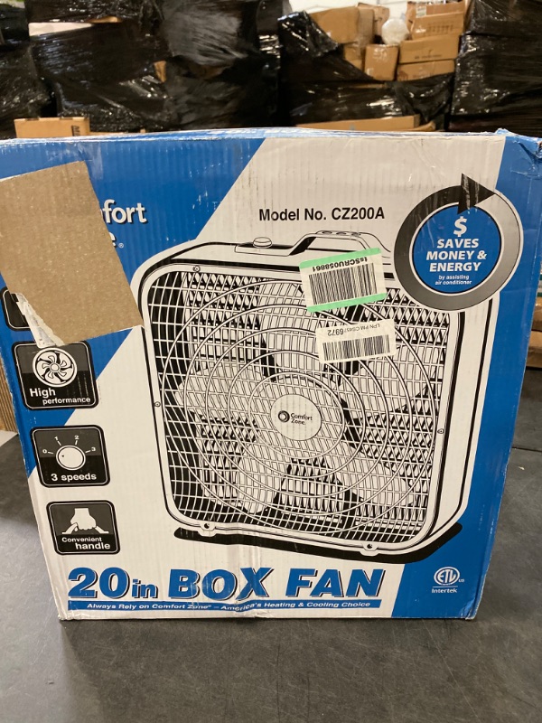 Photo 3 of Comfort Zone CZ200A 20" 3-Speed Box Fan with Carry Handle for Full-Force Air Circulation, White