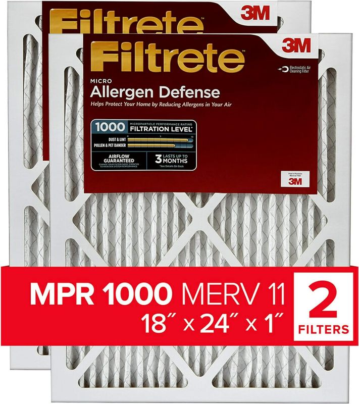 Photo 1 of Filtrete 18x24x1 Air Filter, MPR 1000, MERV 11, Micro Allergen Defense 3-Month Pleated 1-Inch Air Filters, 2 Filters
