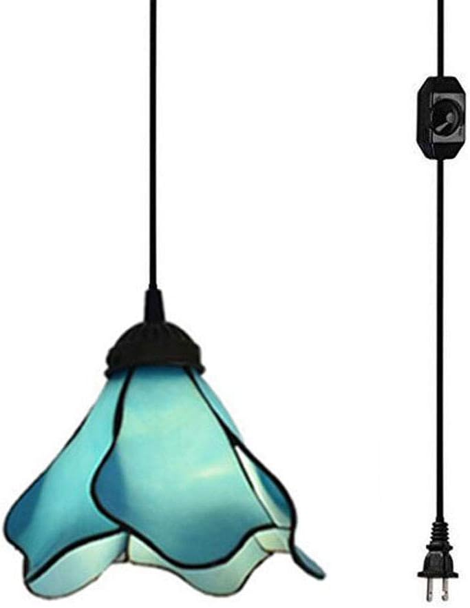 Photo 1 of Pendant Light, Traditional Flower 1 Light Ceiling Light, Blue Glass Hanging Lamp with Plug in Cord for Stair