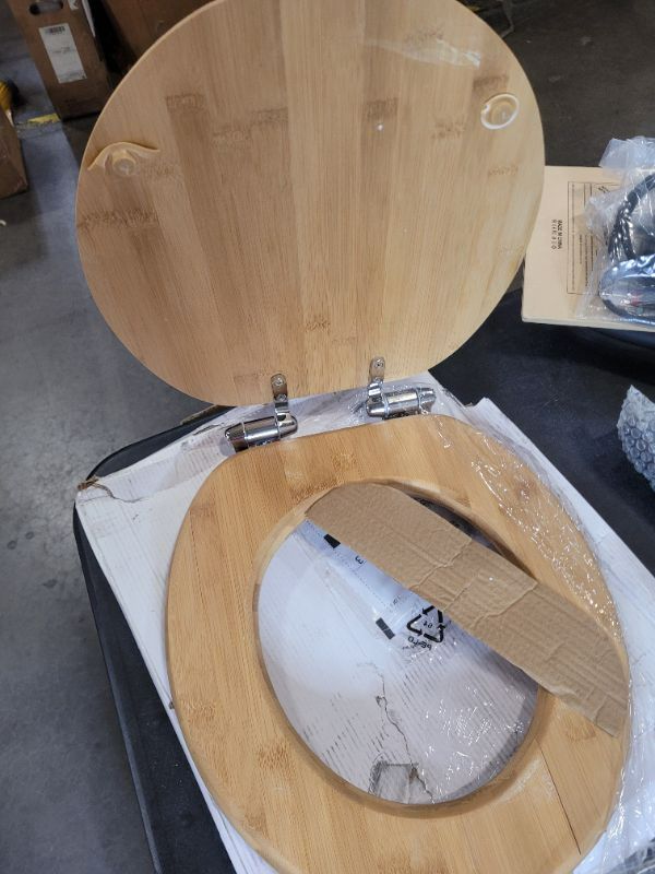 Photo 2 of Round Bamboo Toilet Seat with Lid Quick Release Slow Close Zinc Alloy Strong Hinges Natural Bamboo, Light (see photos for damage)