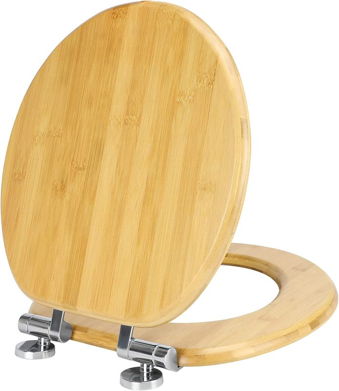 Photo 1 of Round Bamboo Toilet Seat with Lid Quick Release Slow Close Zinc Alloy Strong Hinges Natural Bamboo, Light (see photos for damage)