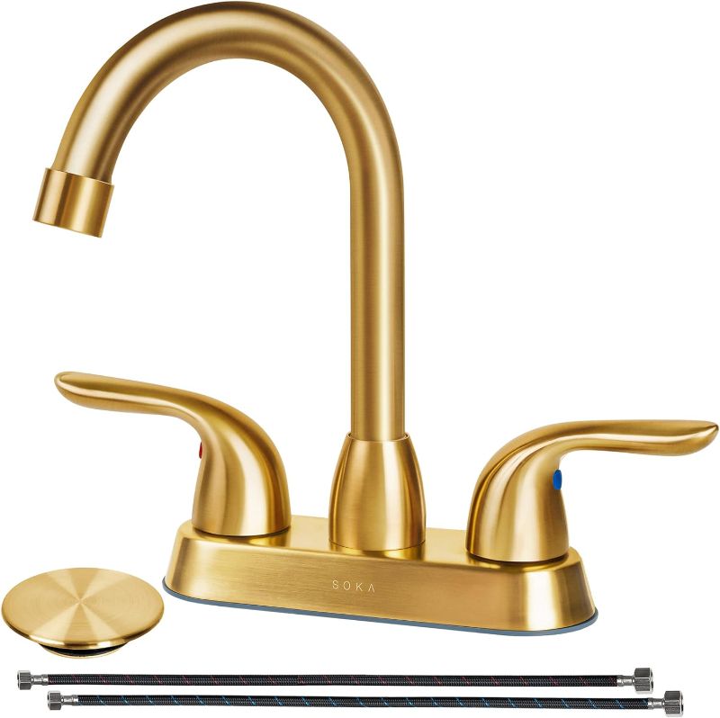 Photo 1 of SOKA 2 Handle Bathroom Faucet Gold, 4 Inch Gold Bathroom Sink Faucet Centerset with Lift Rod Drain Stopper and Supply Hoses, RV Bathroom Faucet 3 Holes, Brushed Gold Bathroom Faucet
