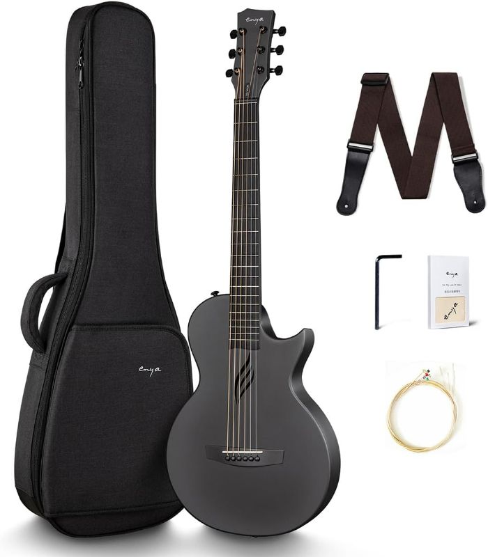 Photo 1 of Enya Nova Go Carbon Fiber Acoustic Guitar 1/2 Size Beginner Adult Travel Acustica Guitarra w/Starter Bundle Kit of Colorful Packaging, Guitar Strap, Gig Bag, Cleaning Cloth, String(Black)
