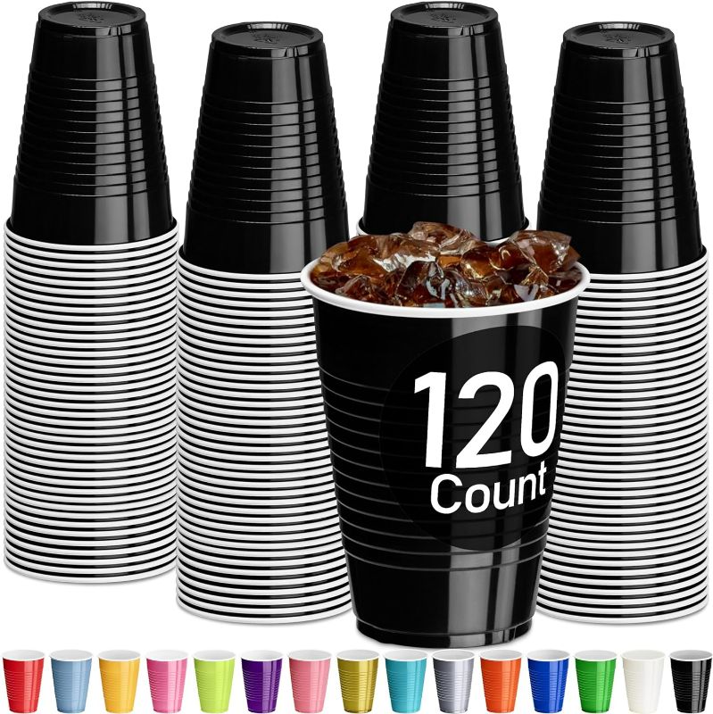 Photo 1 of 280 Party Cups 12 oz Disposable Plastic Cups for Birthday Party Bachelorette Camping Indoor Outdoor Events Beverage Drinking Cups (Black, 280)